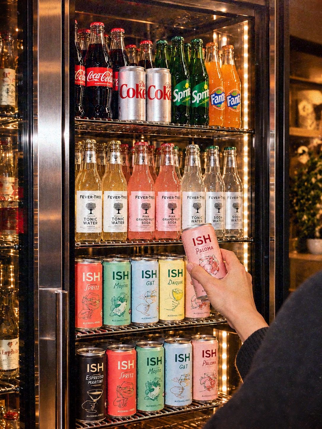 A hand taking a can from a lit glass-door fridge stocked with sodas, tonics and alcohol-free drinks