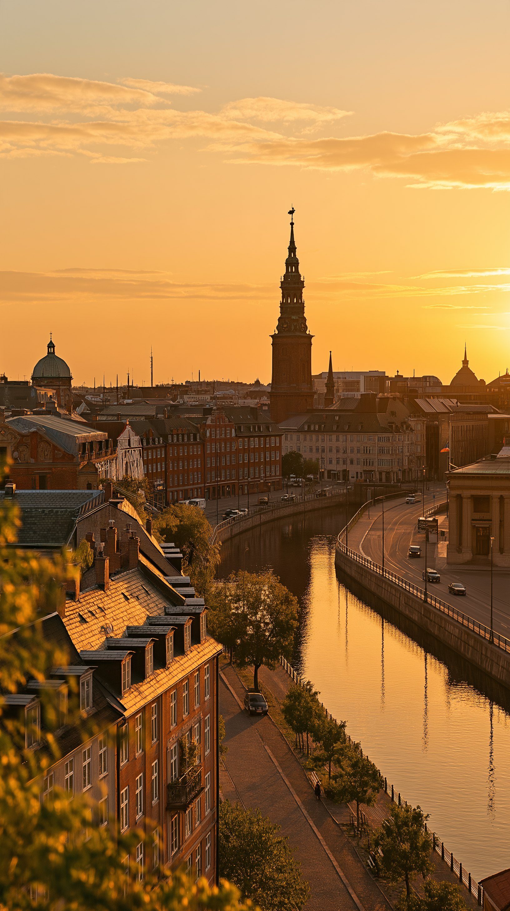 Copenhagen at golden hour, rooftops and a church spire above a canal