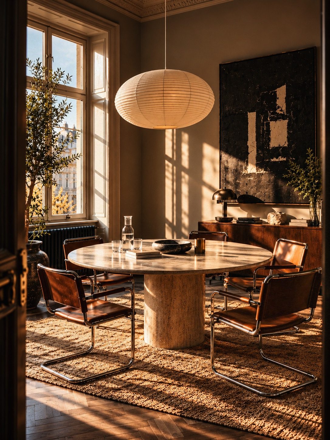 A sunlit meeting room with a round stone table, leather and chrome chairs and a paper lantern, seen through an open door